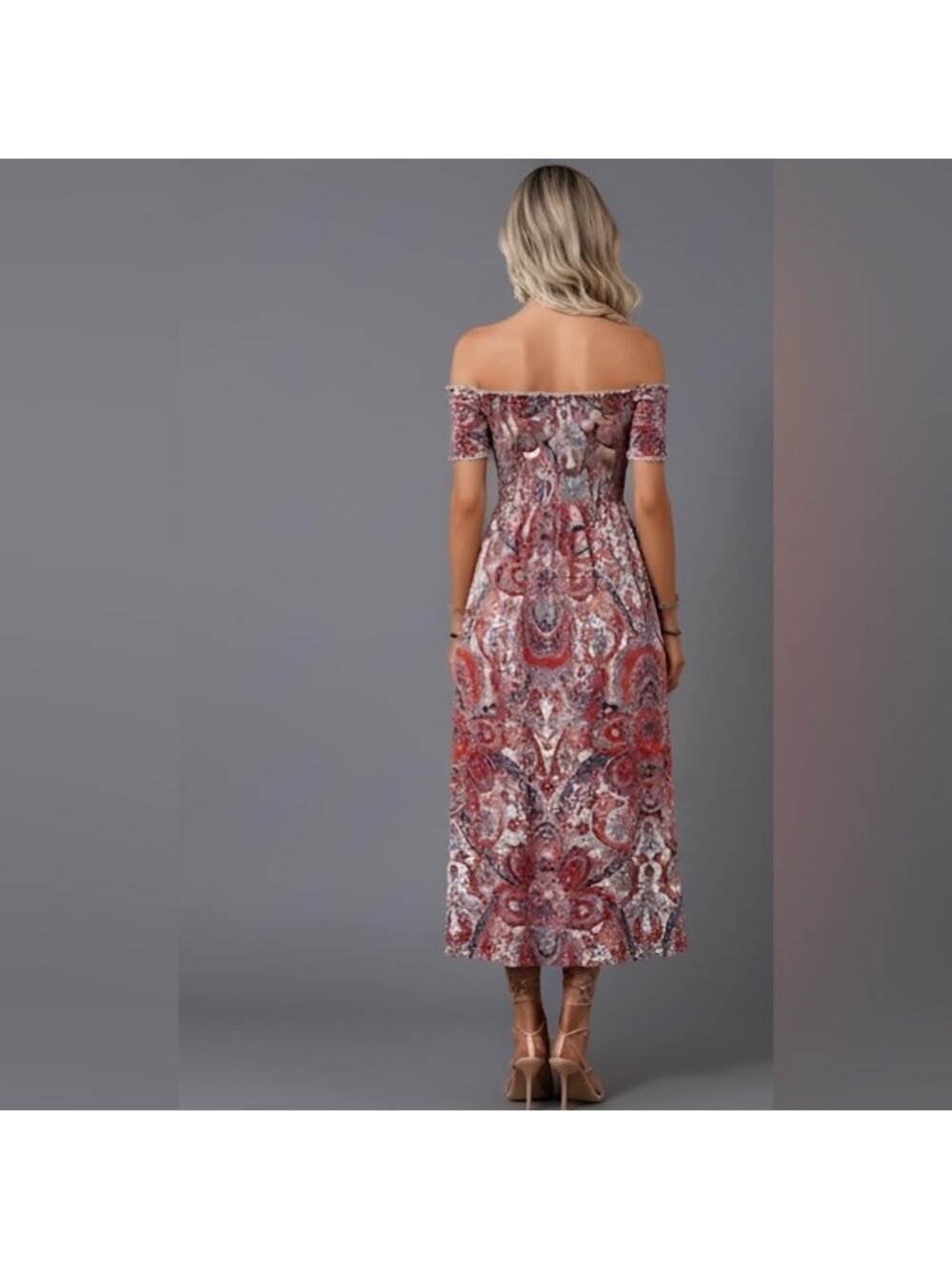 LAST ONE 🔥 Boho Paisley Off Shoulder Split Thigh Dress - Picture 4 of 6